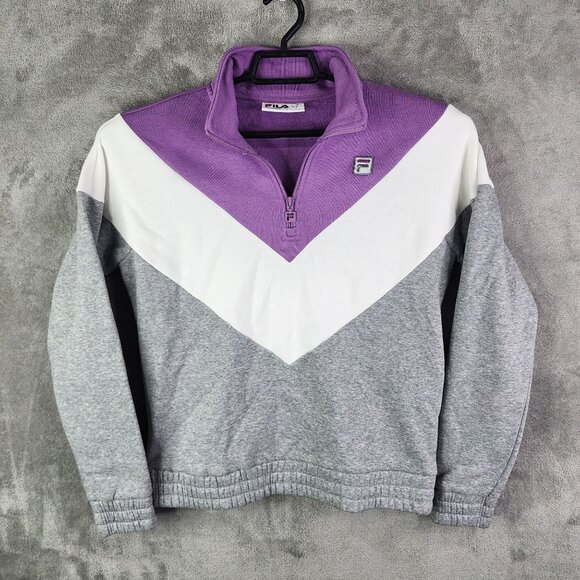Womens Fila Retro Colorblock 1/4 Zip Pullover Sweatshirt Purple/White/Gray S - Picture 2 of 12